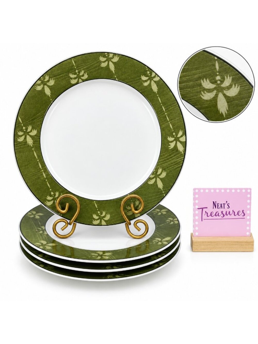 Sakura Warren Kimble CAT COLLECTION Green Floral Stoneware Dinner Plate Set of 4